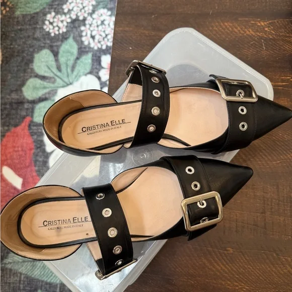 Vero Cuoio Black Leather Pointed Flats with Silver Buckles Made in Italy 9.5 - Picture 3 of 12